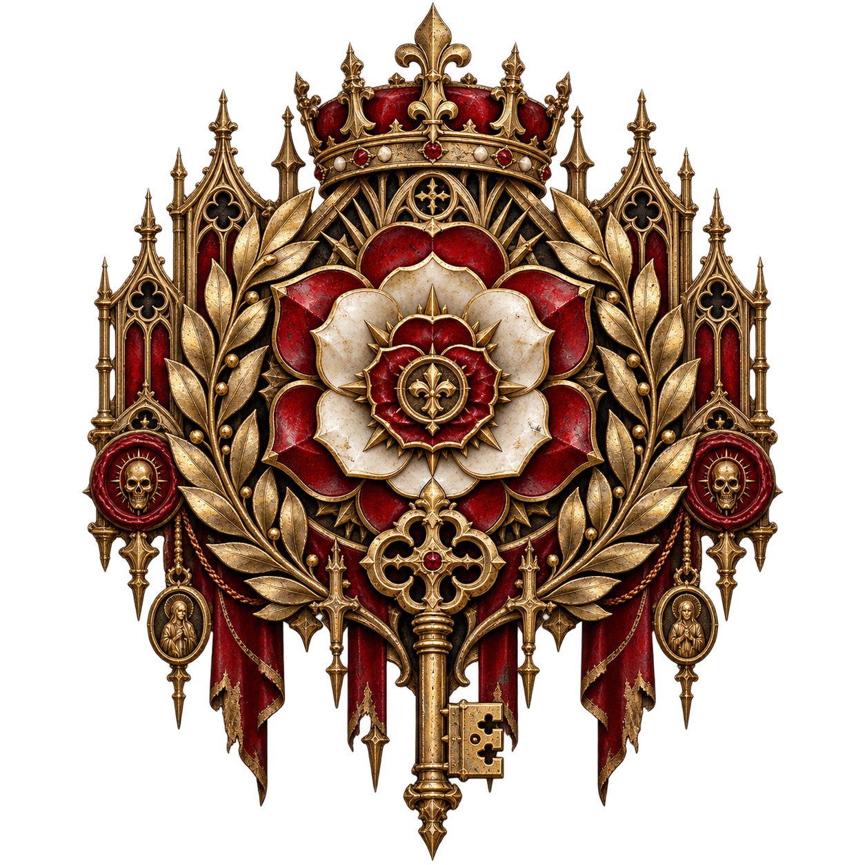 Lady Cassia Veyr’s emblem: a crowned red and white rose with a golden key