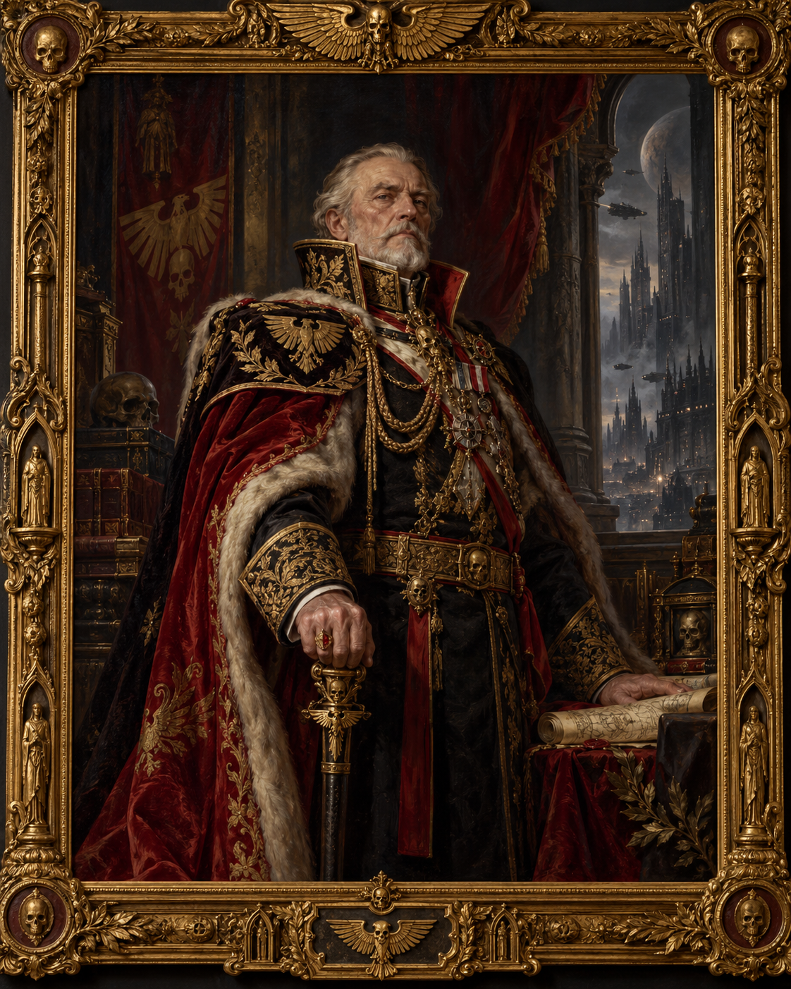 Oil portrait of Aurelian Veyr in ornate Imperial robes, surrounded by a gilded frame