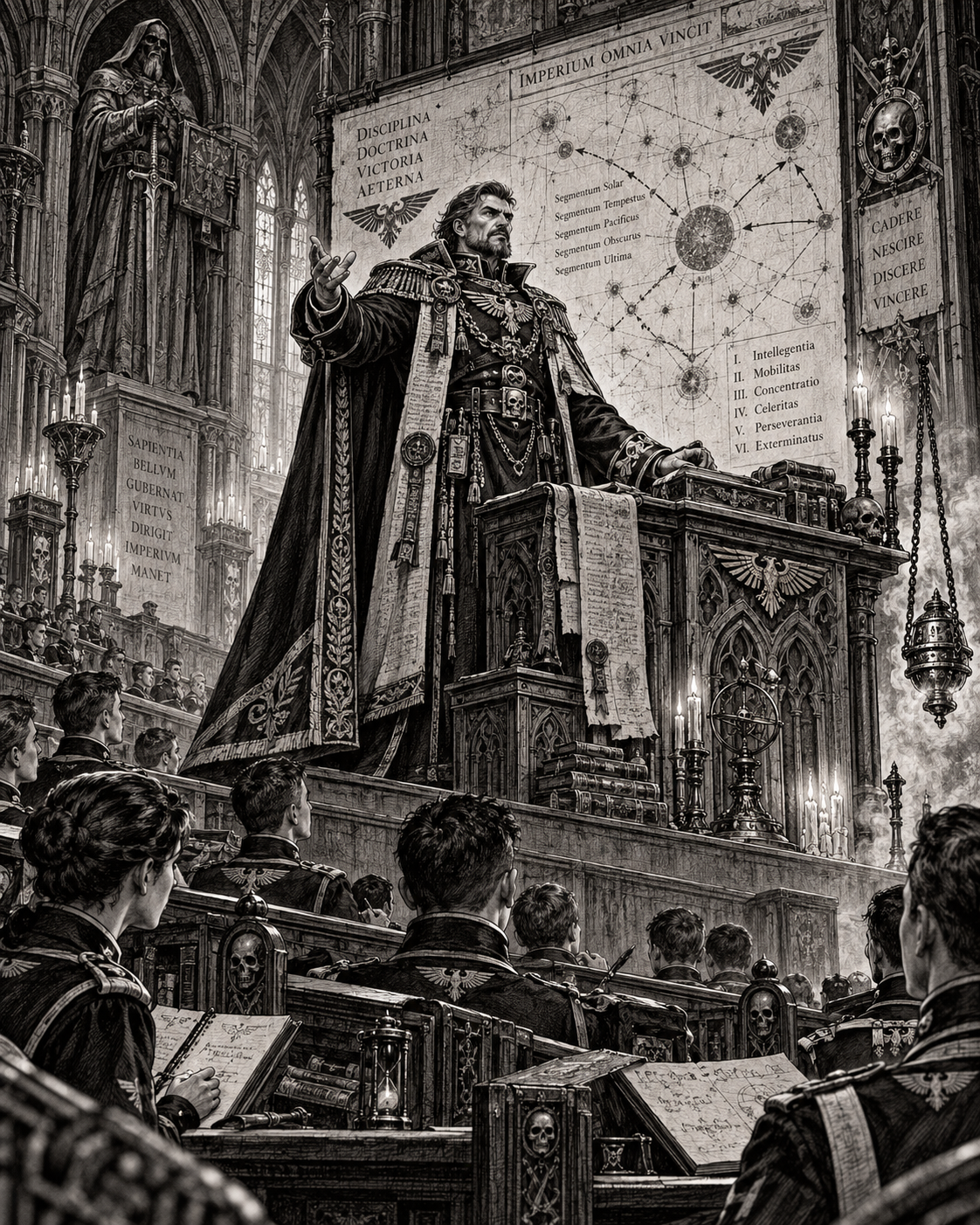 Monochrome illustration of Magister-Strategos Hestian Vale lecturing to cadets in a Gothic hall at the Schola Progenium