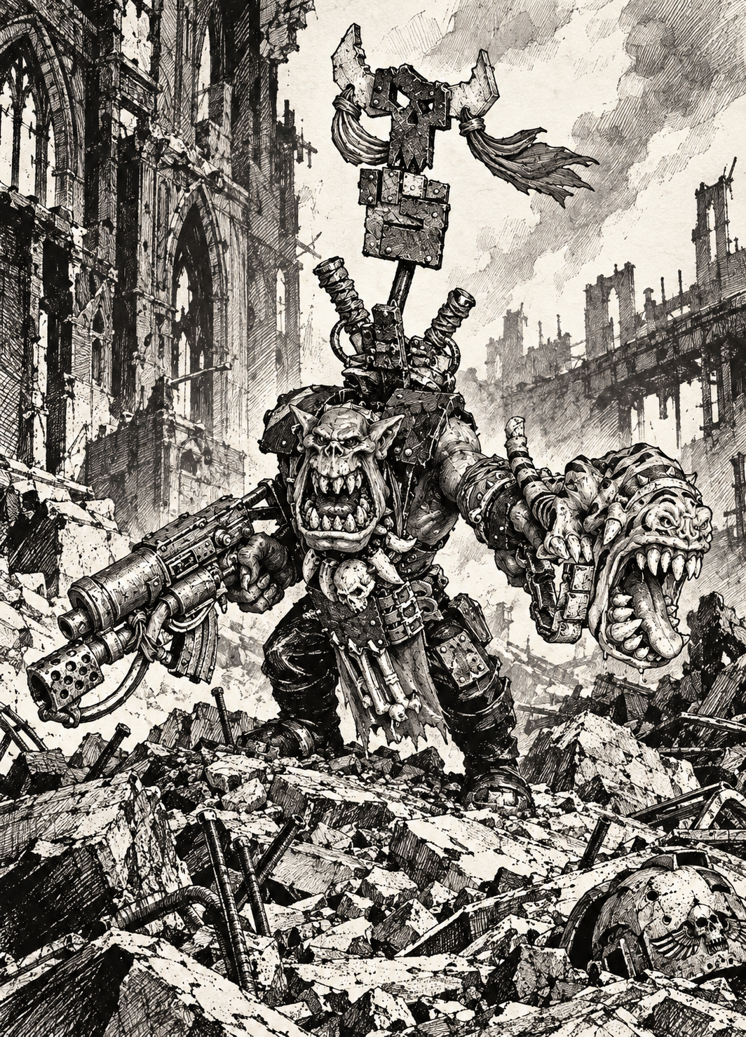 Warboss Krugdreg and his pet squig Klaw amid ruined Gothic buildings