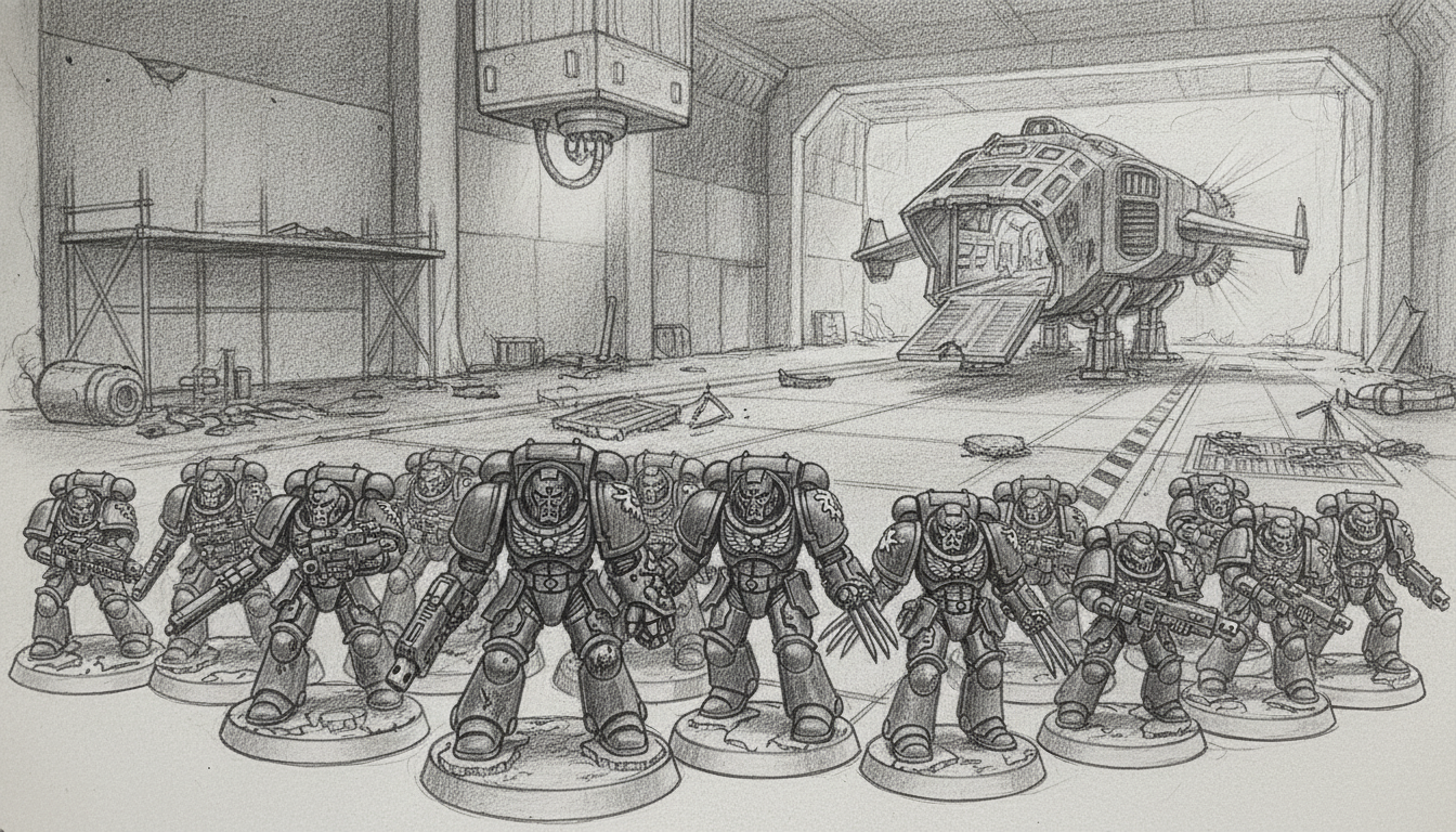 Monochrome illustration of Space Marines assembled in a damaged hangar, with a transport craft behind them